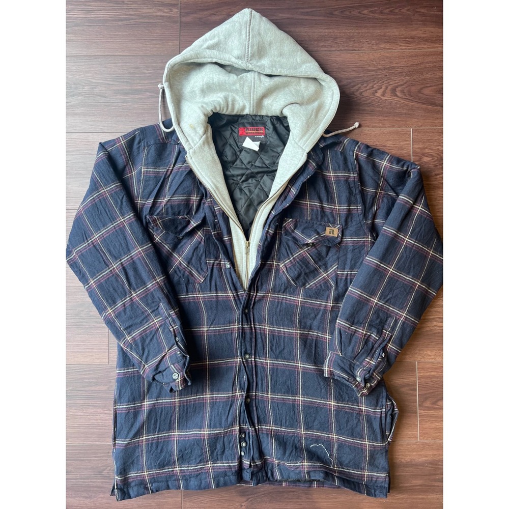 Wrangler Riggs Workwear Hooded Flannel Shirt Jacket Plaid Quilted Lined Navy LT